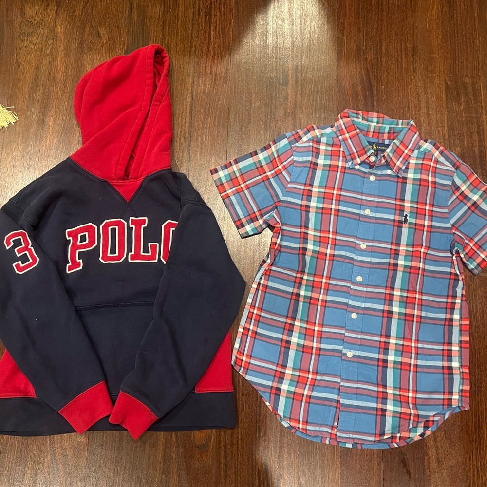 Boys Medium Size Ralph Lauren Hoodie and Button Up Shirt